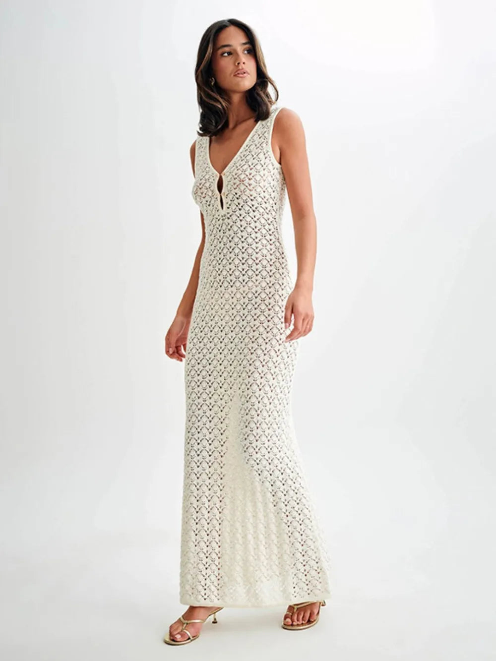 White openwork sleeveless maxi dress, V-neck and long column silhouette