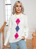 White openwork geometric mock neck sweater with diamond pattern and long sleeves