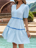 Perfee striped light-blue and white mini dress with puff sleeves and tiered skirt