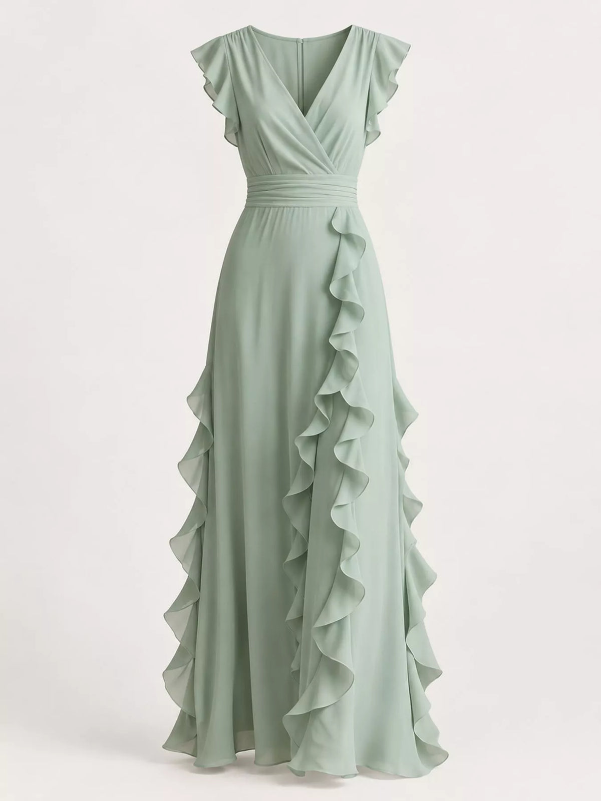 Sleeveless ruffled high-waist maxi dress in sage green with V-neck and cascading ruffle skirt