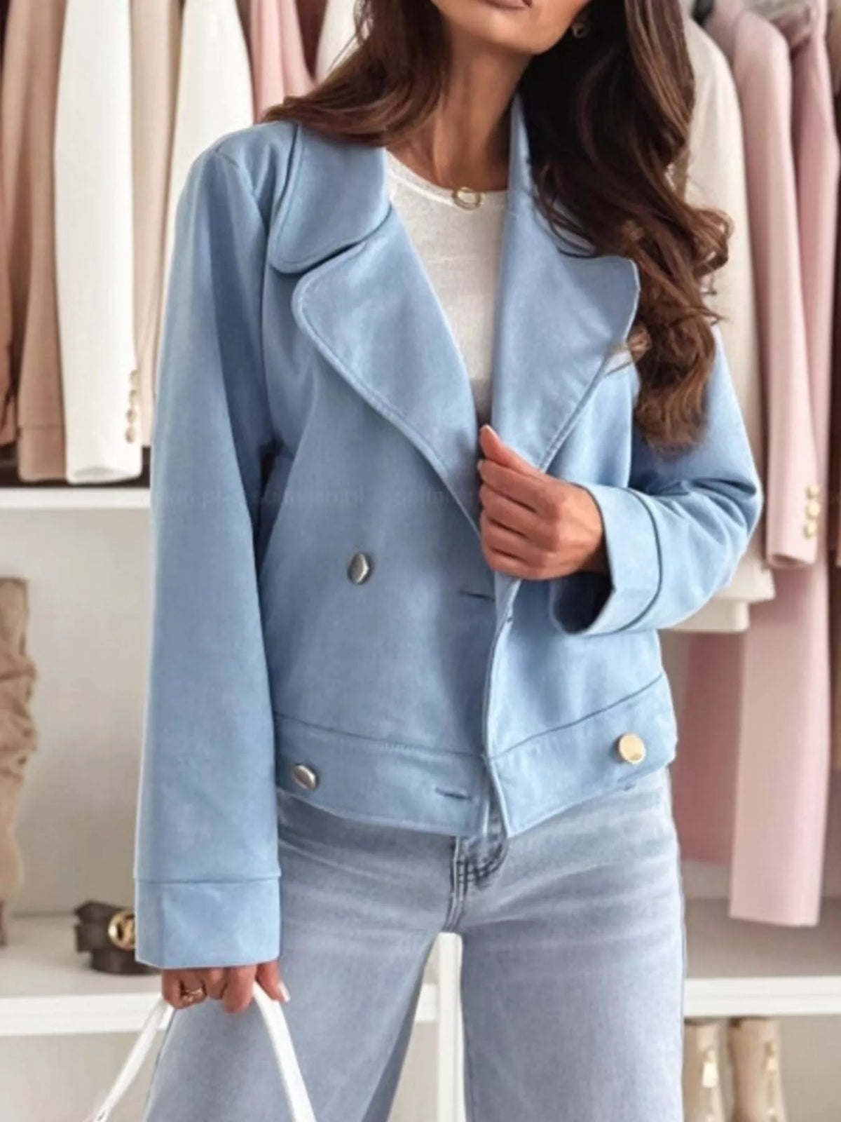 Pastel blue cropped double-breasted jacket with gold buttons and front welt pockets