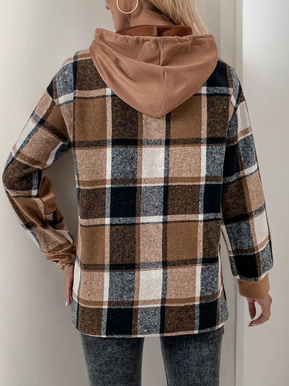 Camel hoodie with hood down, plaid back hem and sleeves, black drawstring cords