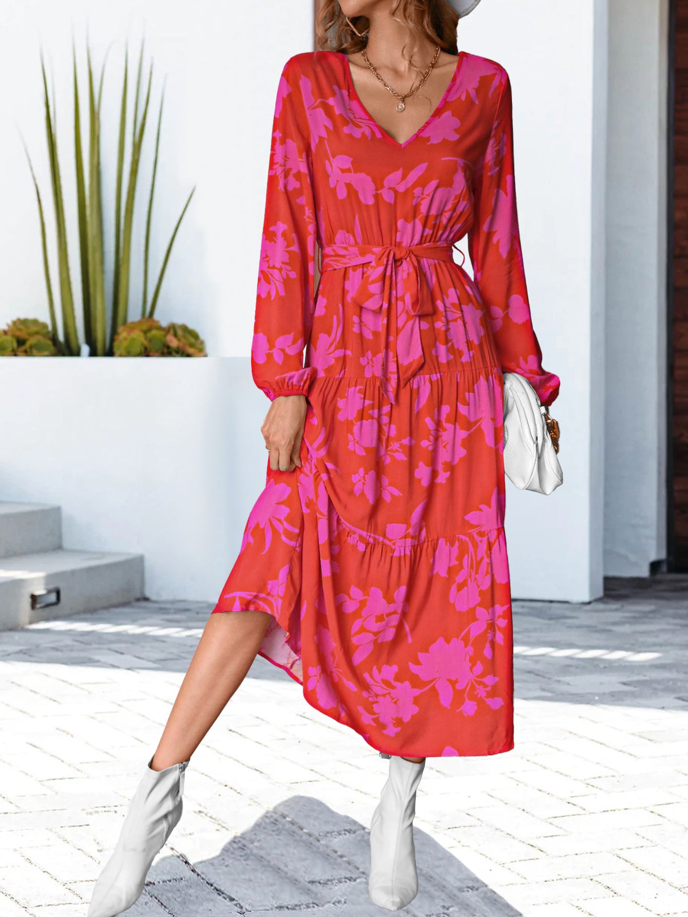 Hot pink floral V-neck long sleeve dress, gathered waist and tiered hem, midi length
