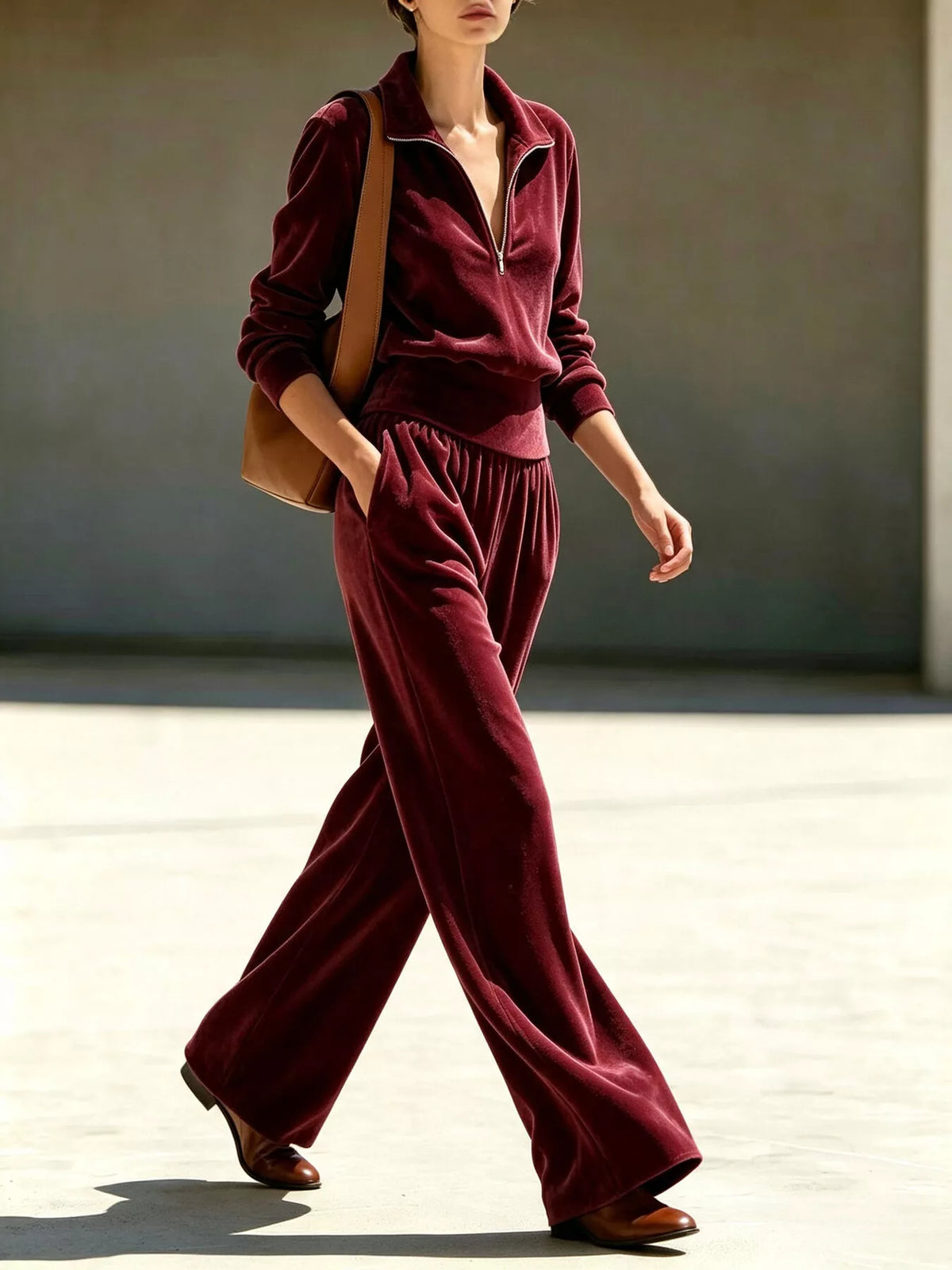 Burgundy quarter-zip top and wide-leg pants set with gathered elastic waist