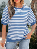 Cedar & Moore Stripe Short Bubble Sleeve T Shirt in blue and white stripes with a crew neck