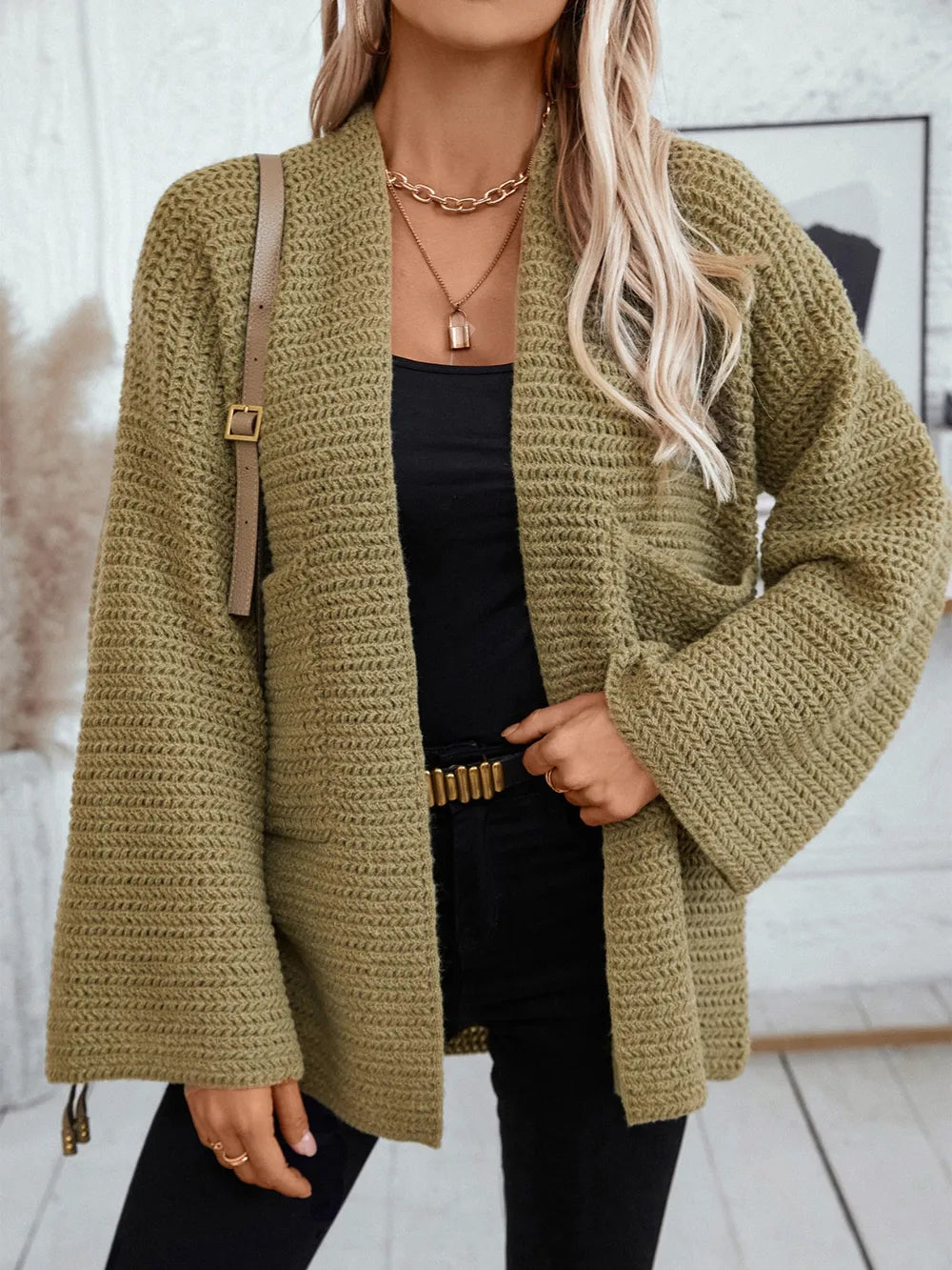 Moss open-front long sleeve cardigan with textured knit and patch pockets