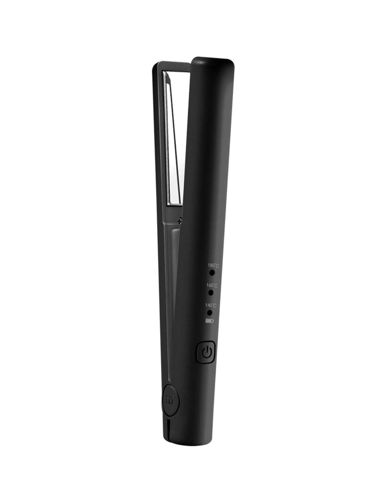 Black cordless rechargeable mini hair straightener, side view with control buttons