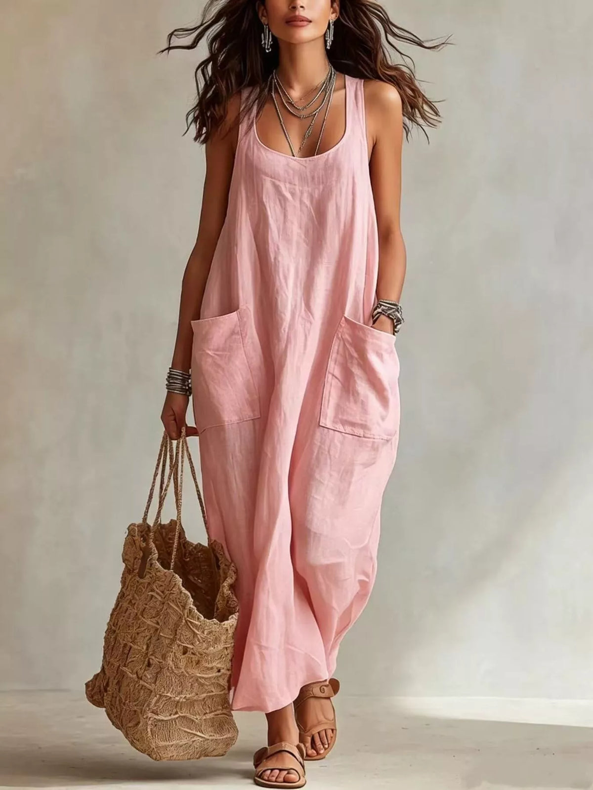 Pink scoop-neck maxi dress with large side pockets