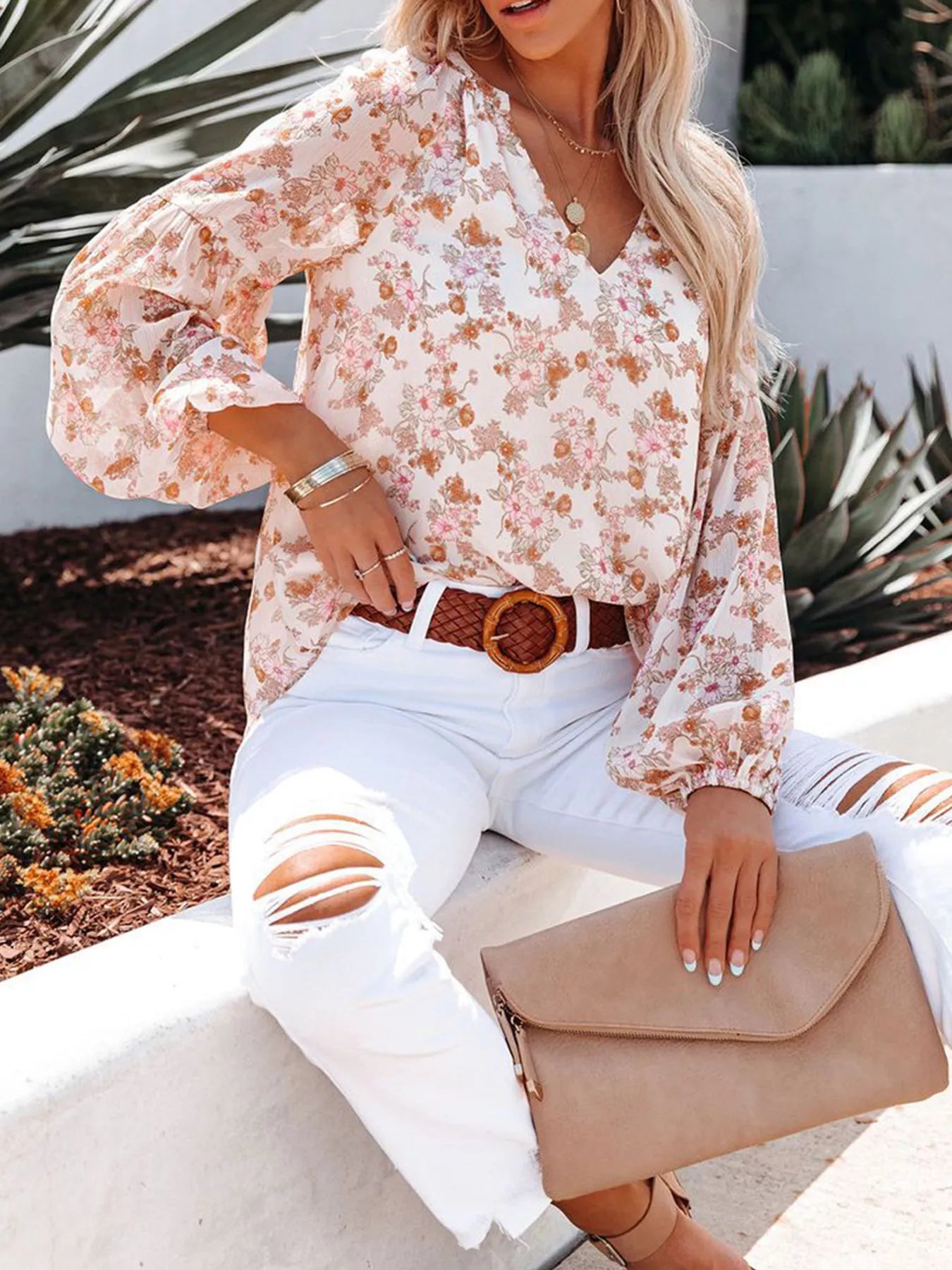 Cedar & Moore Plus-Size floral print v-neck long sleeve blouse, white base with peach flowers, Trendsi