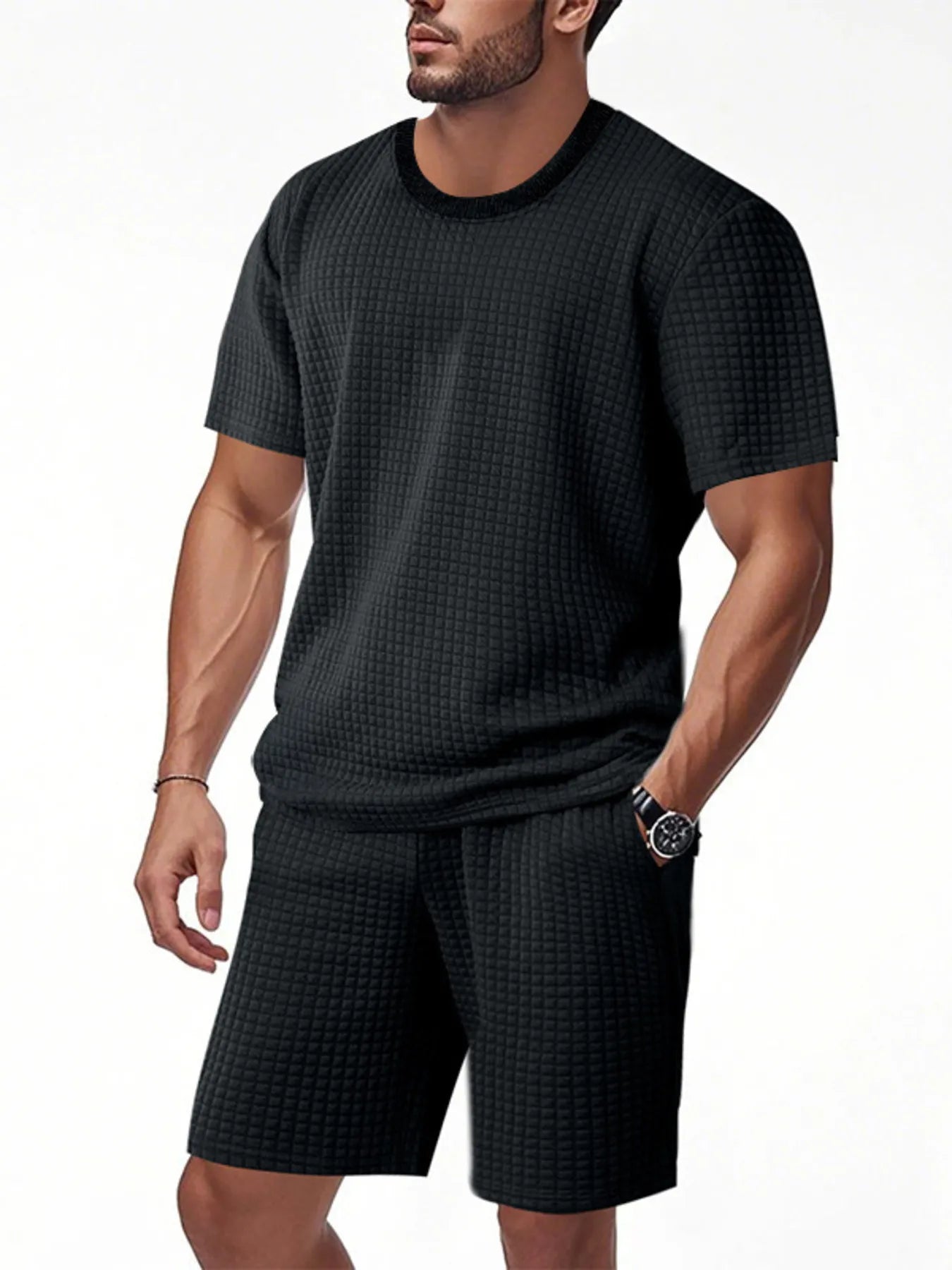 Men's textured round-neck short-sleeve top and shorts set in black, front view