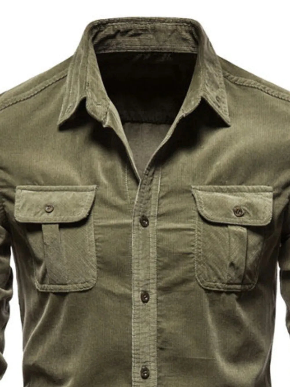 Men's moss green button-down collared shirt with flap chest pockets and button front