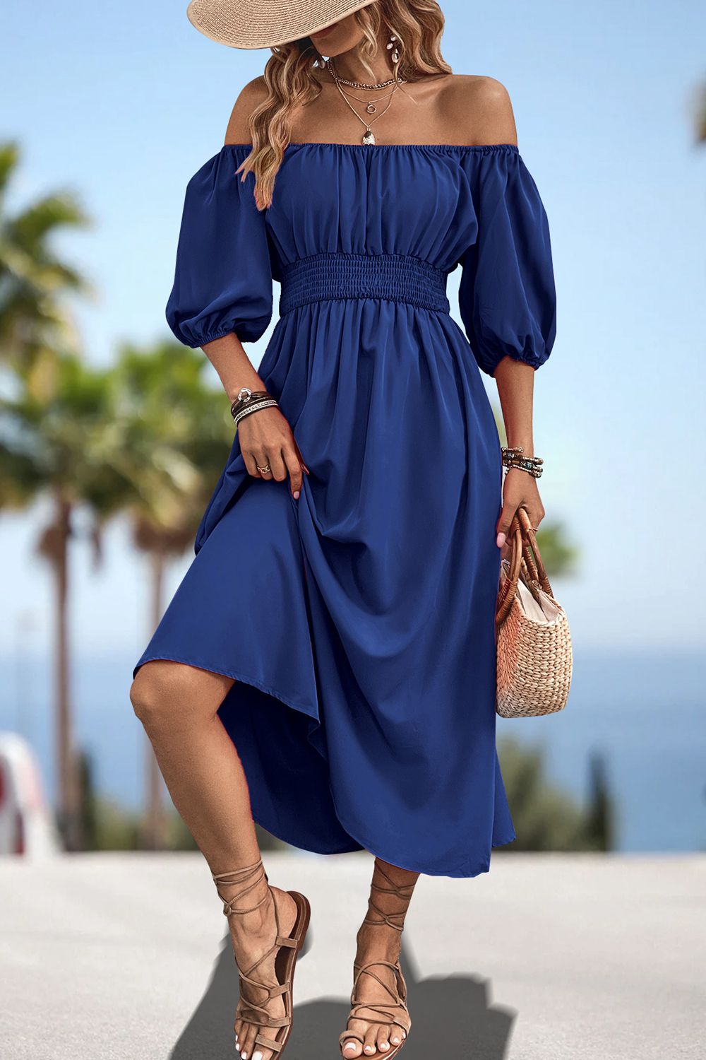 Dark blue square-neck smocked waist puff sleeve midi dress