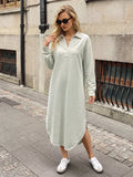 Light gray soft stretch polo midi dress with long sleeves and buttoned collar