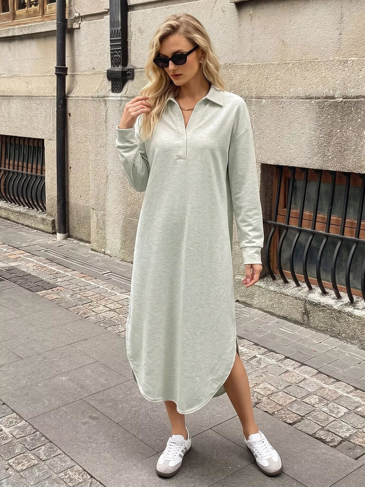 Light gray soft stretch polo midi dress with long sleeves and buttoned collar