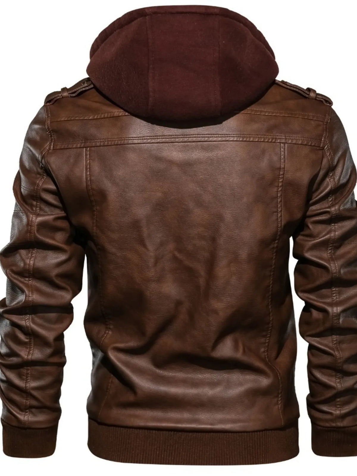 Men's brown vegan leather hooded motorcycle jacket, back view with ribbed cuffs and hem
