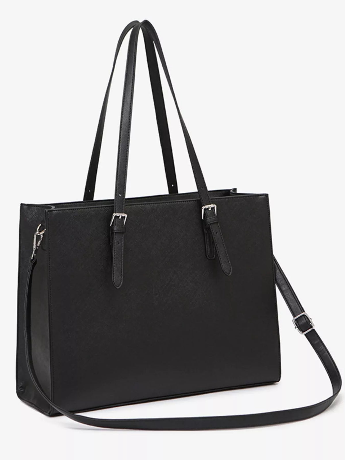 Black large tote bag on white background with dual handles and long crossbody strap.