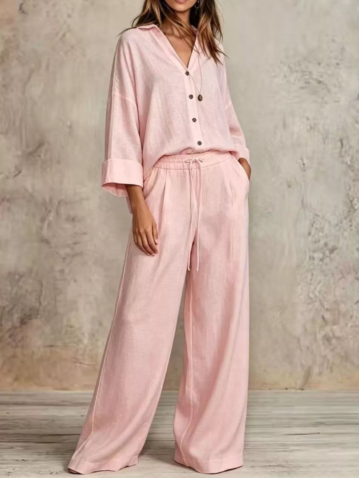 Pink wide leg button-down shirt and pants set, relaxed sleeves and drawstring waist