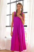 Cerise textured wide-leg jumpsuit with scoop neckline, sleeveless