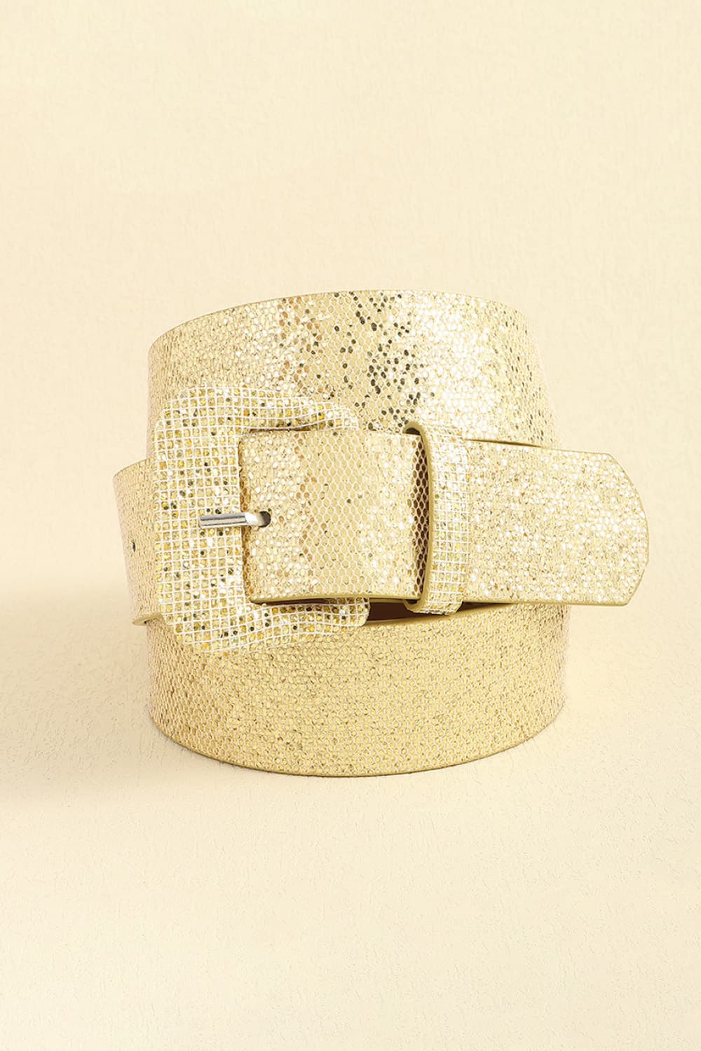 Gold glitter vegan leather belt with square buckle, curved close-up