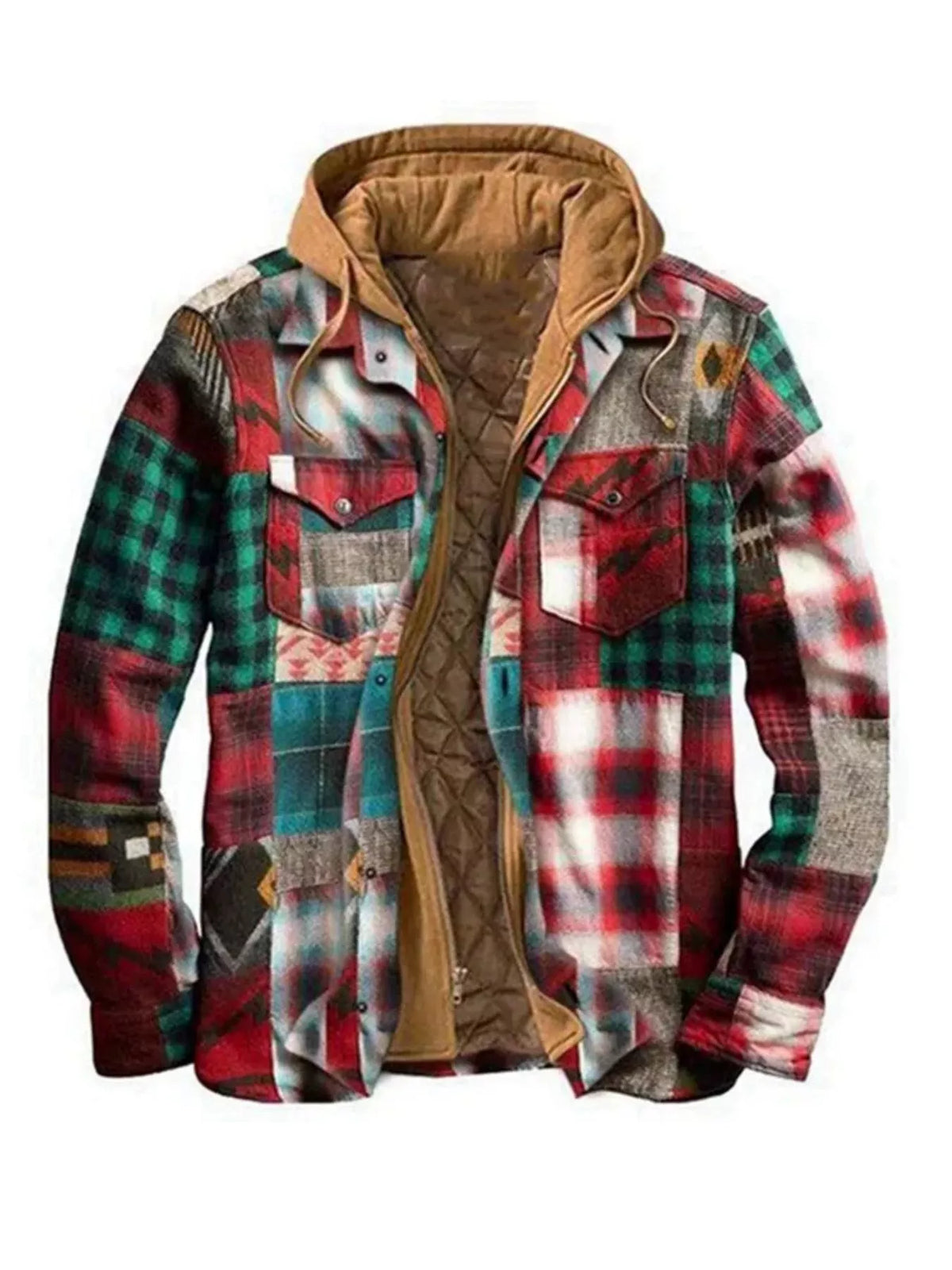 Men's vintage plaid hooded quilted jacket with front zip and patch pockets