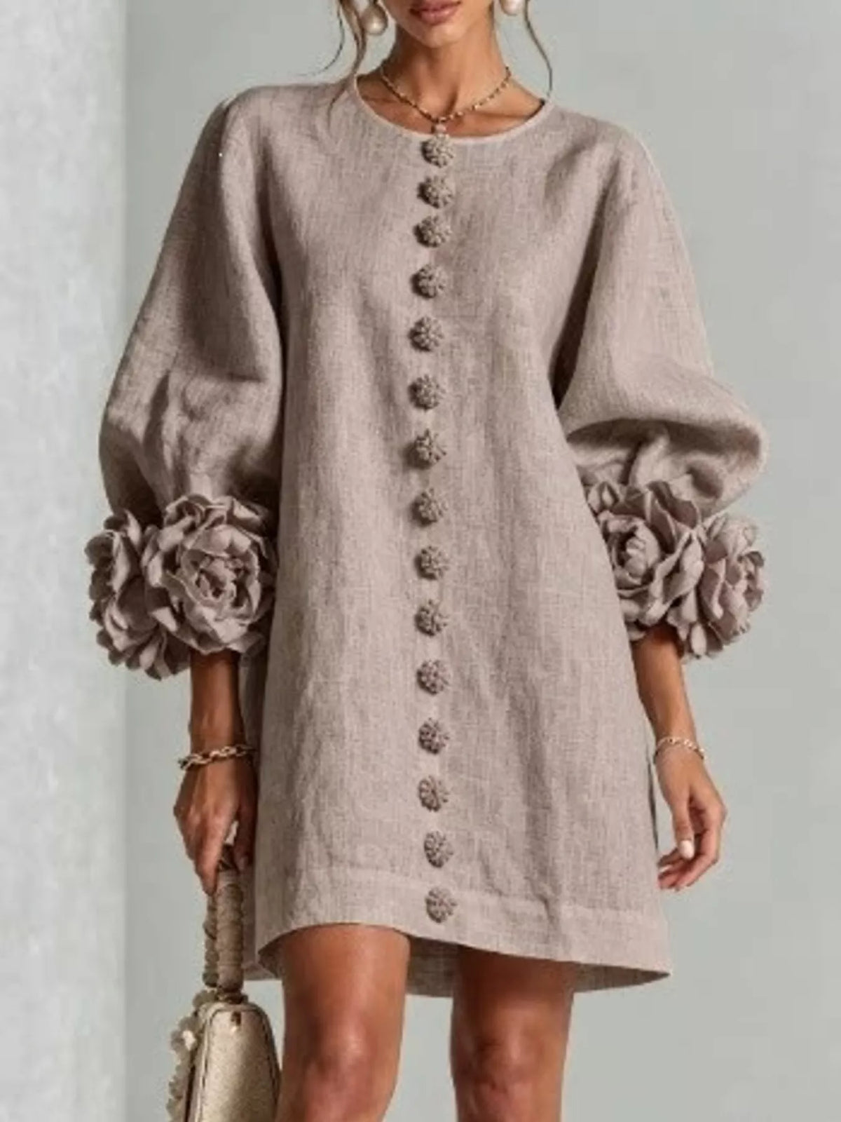 Light gray round-neck polyester dress with vertical button placket and 3D floral cuff applique
