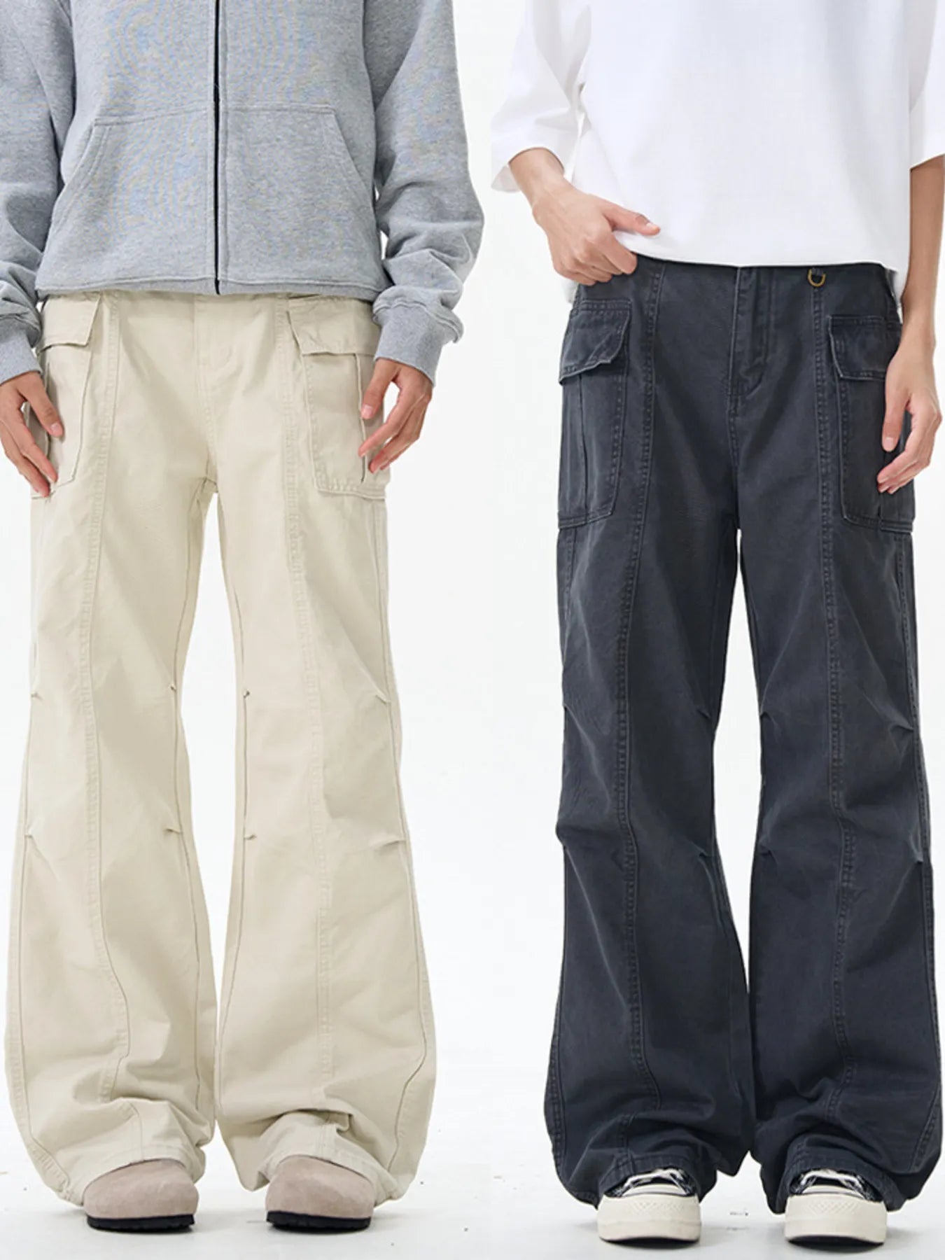Wide leg cargo pants, off-white and dark gray with cargo pocket design