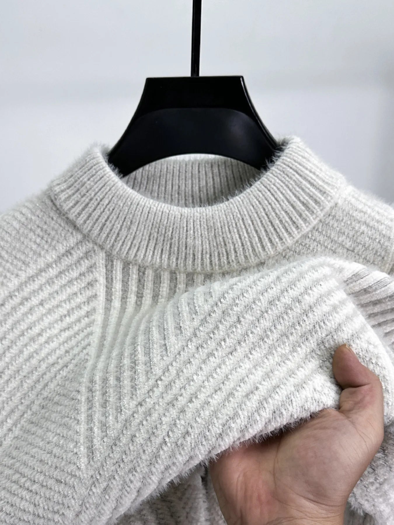 Men's ribbed knit sweater, off-white crew neck with ribbed texture and pattern