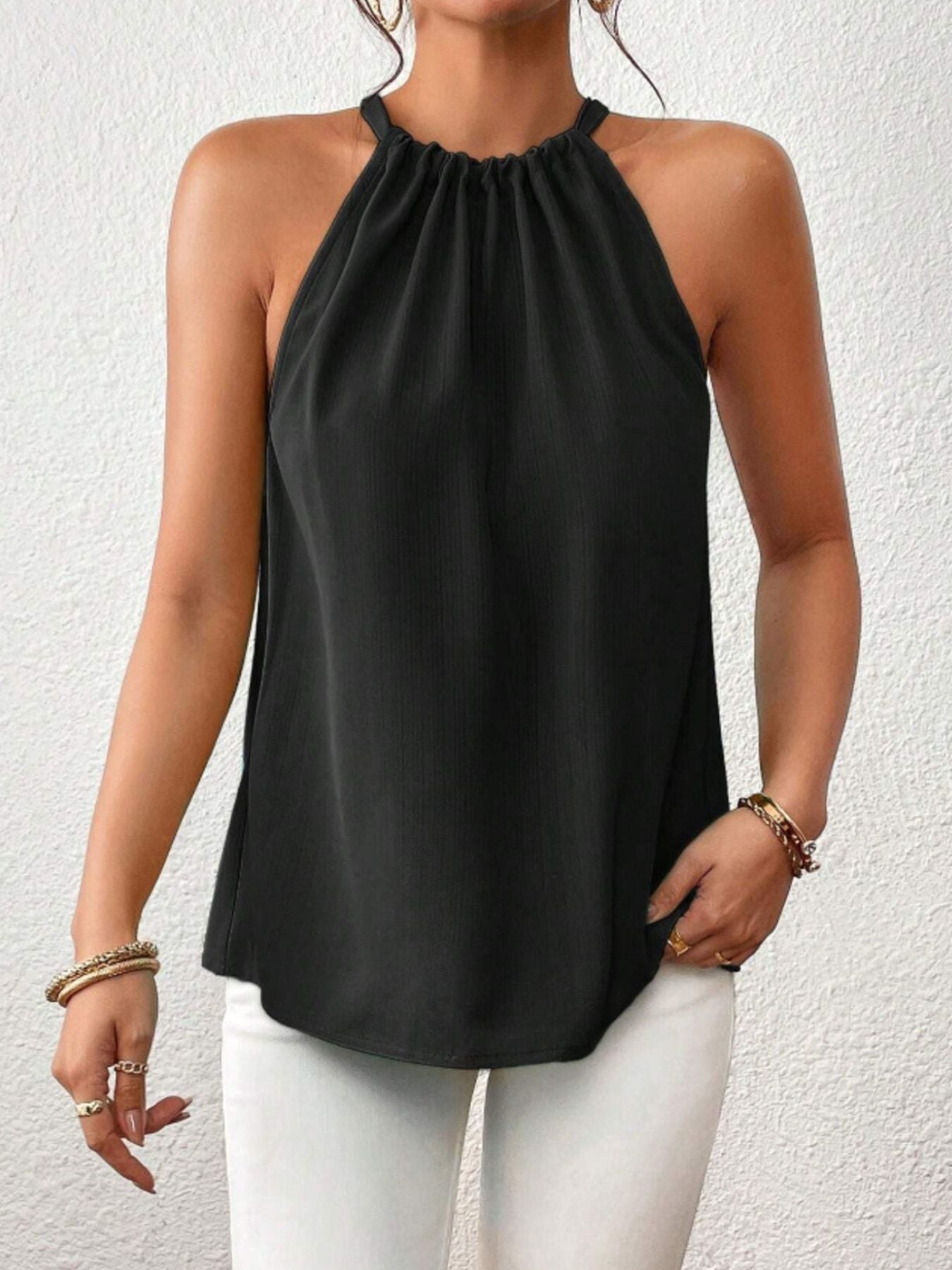 Cedar & Moore Solid Black Ruched Cami Halter Top for Summer
