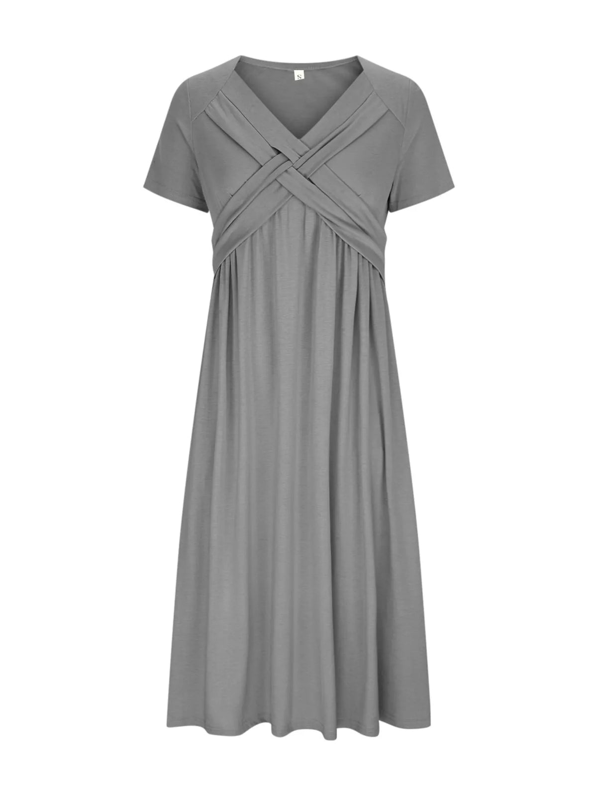 Gray crisscross V-neck high-waist midi dress with short sleeves, gathered waist