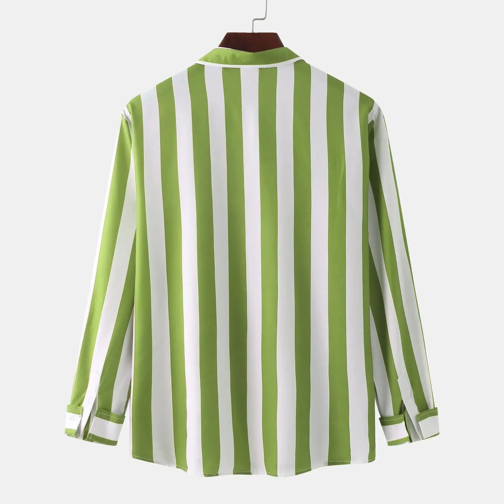 Green striped long-sleeve button-down shirt on hanger, back view