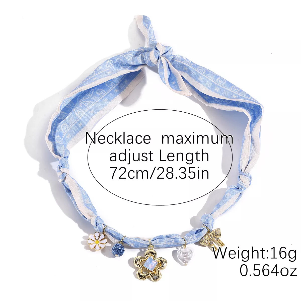 Adjustable light blue ribbon charm necklace with gold flower pendant and crystal bead