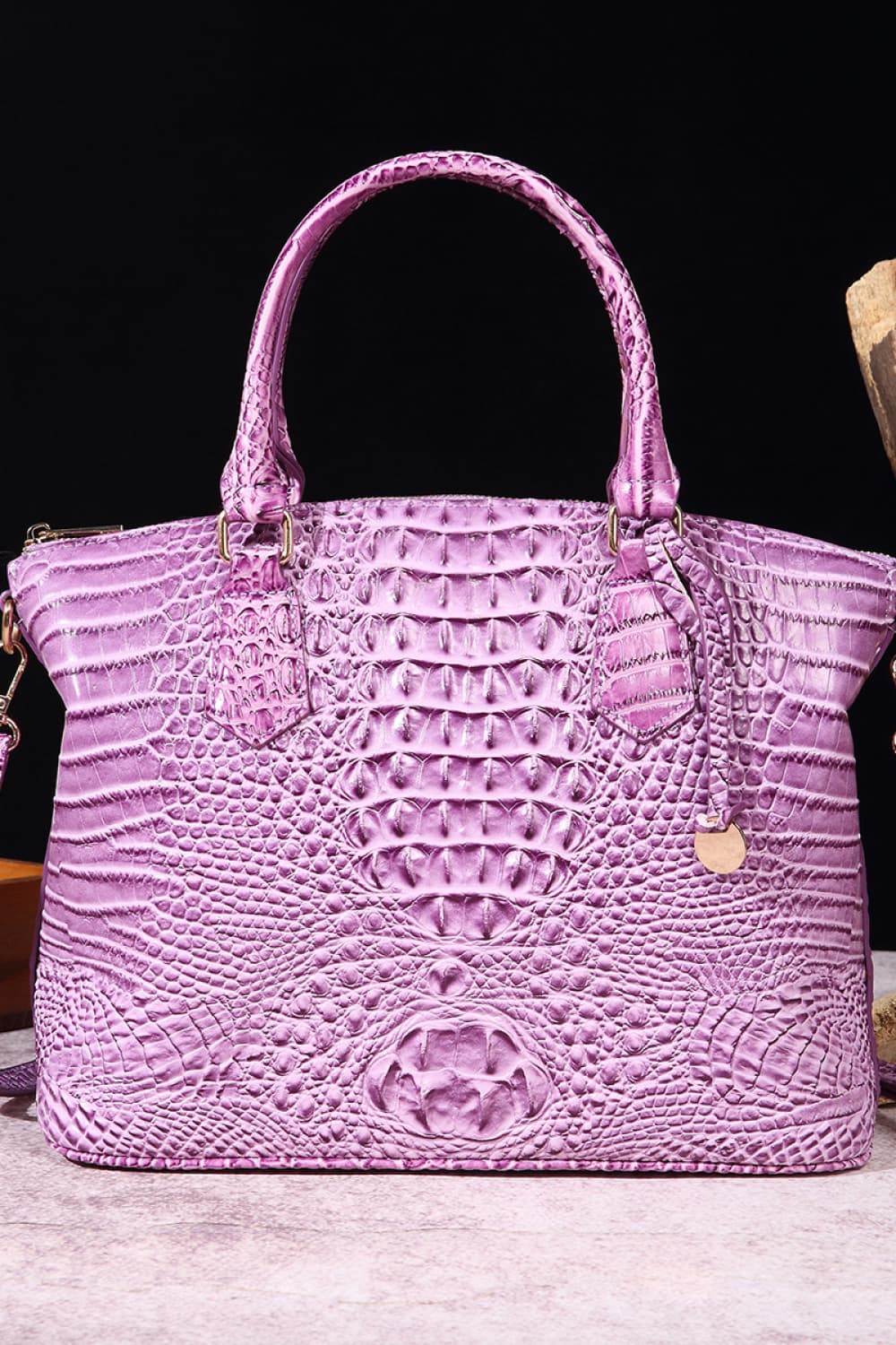 Lilac croc-embossed vegan leather handbag with top handles and front zip hardware