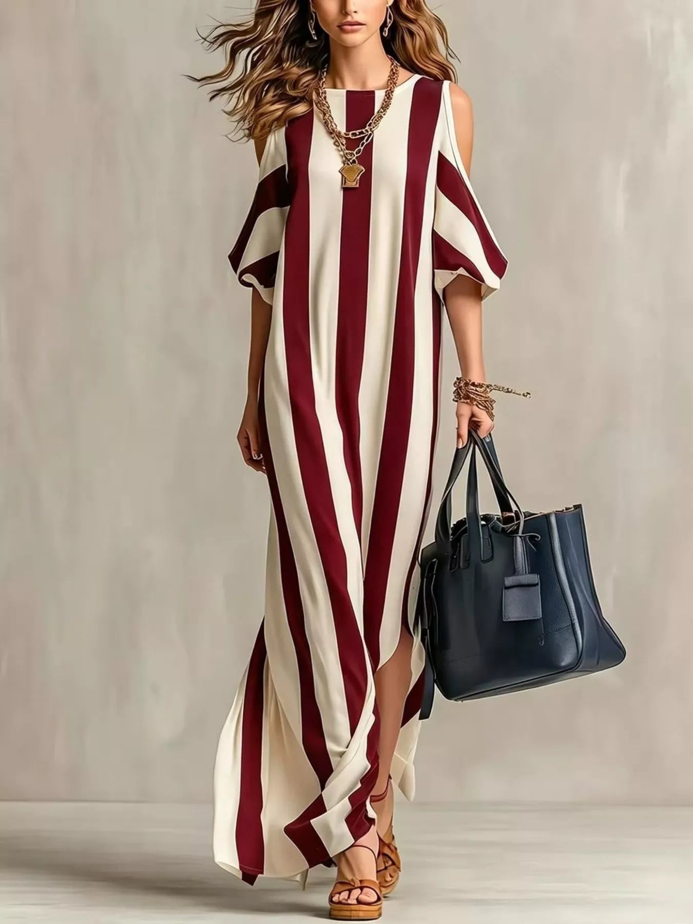 Burgundy and cream striped cold-shoulder maxi dress with draped flutter sleeves