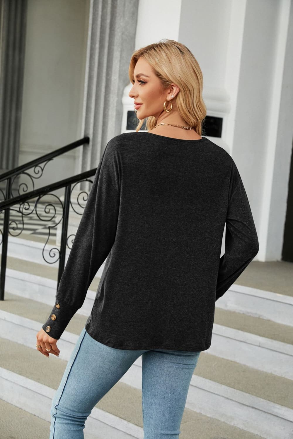 Cedar & Moore V-Neck Long Sleeve T-Shirt in charcoal heather with button-cuff detail