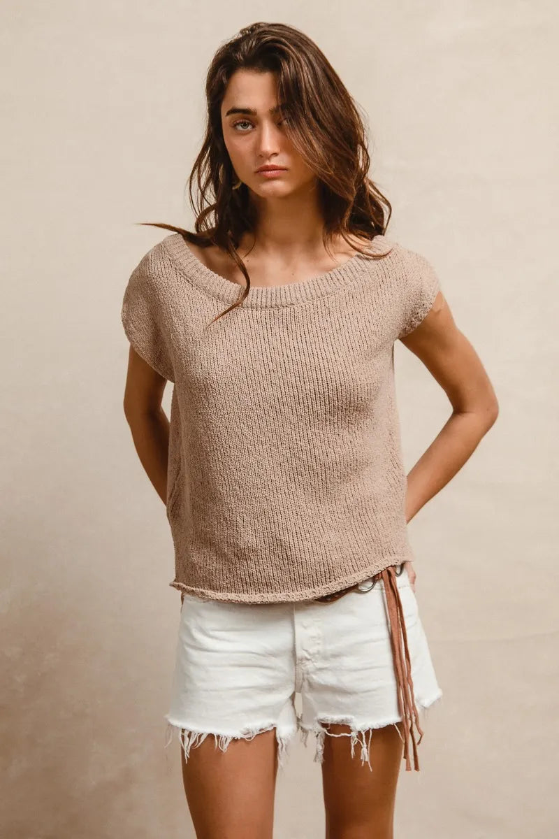 Latte one-shoulder knit top with short sleeves and ribbed crew neckline