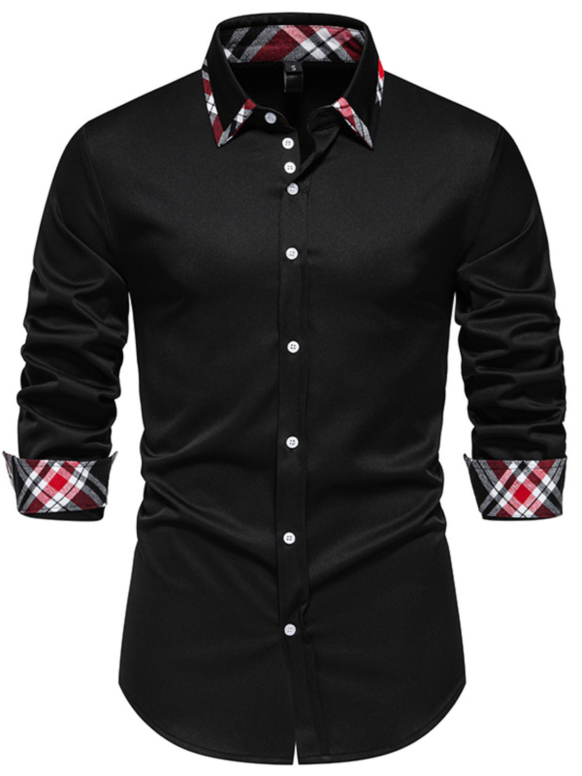 Men's slim fit long-sleeve black dress shirt with plaid inner collar and button front.