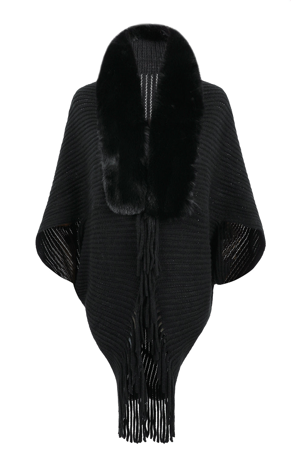 Black hooded ribbed poncho with fringe hem and soft faux-fur collar