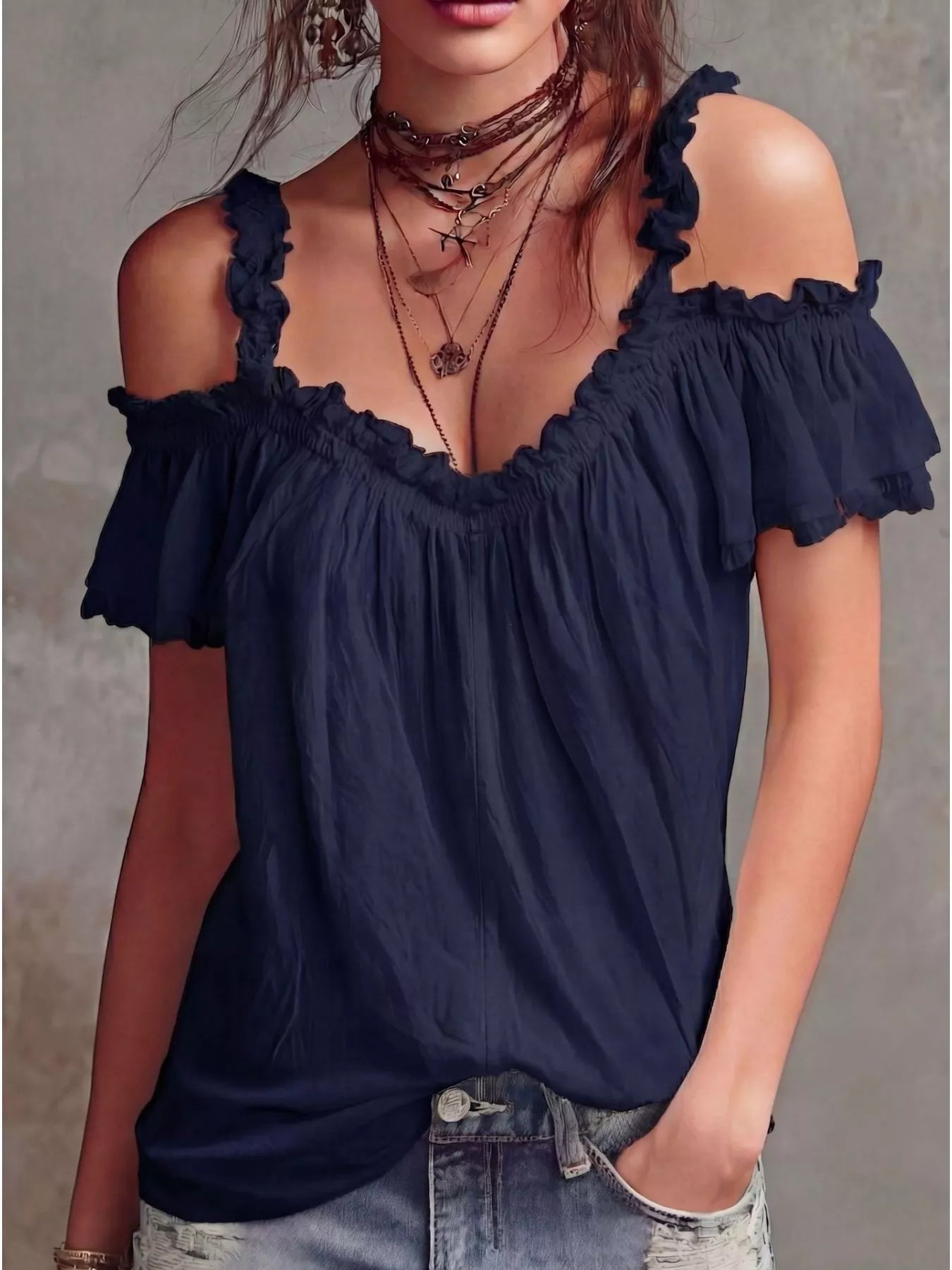 Navy cold-shoulder blouse with layered ruffle-trim off-shoulder sleeves