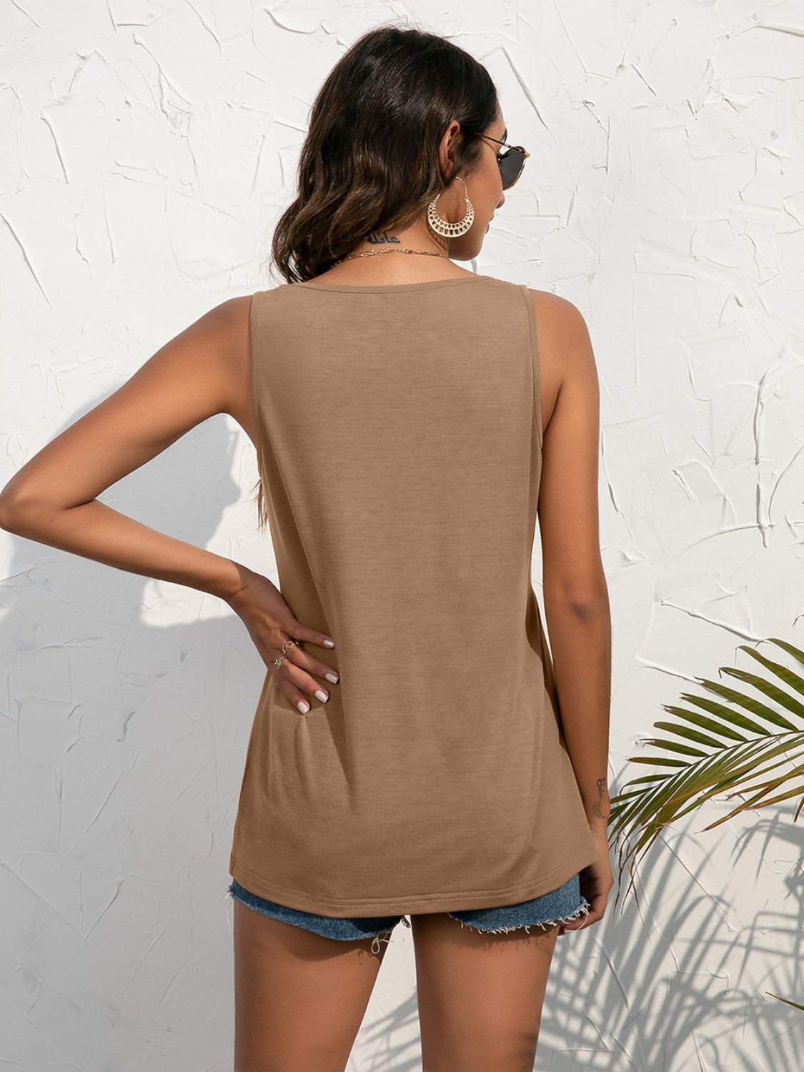 Khaki sleeveless tank with scoop back and button placket, gathered hem, scalloped trim