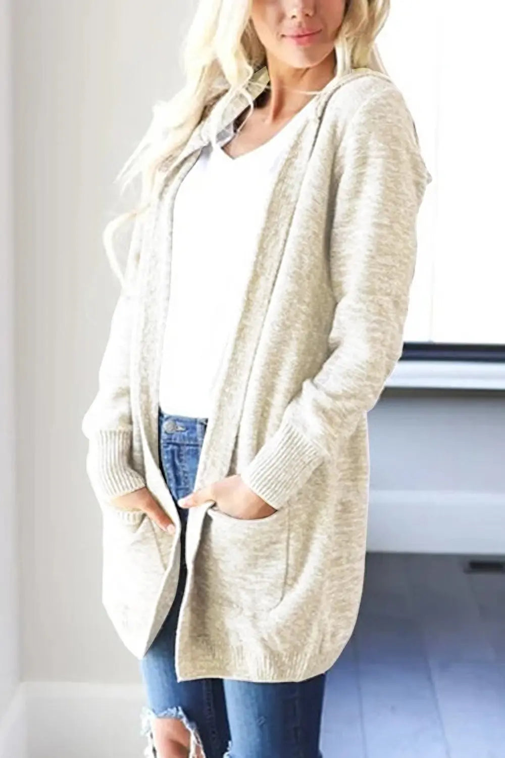 Heathered open-front cardigan, beige with hood and front pockets