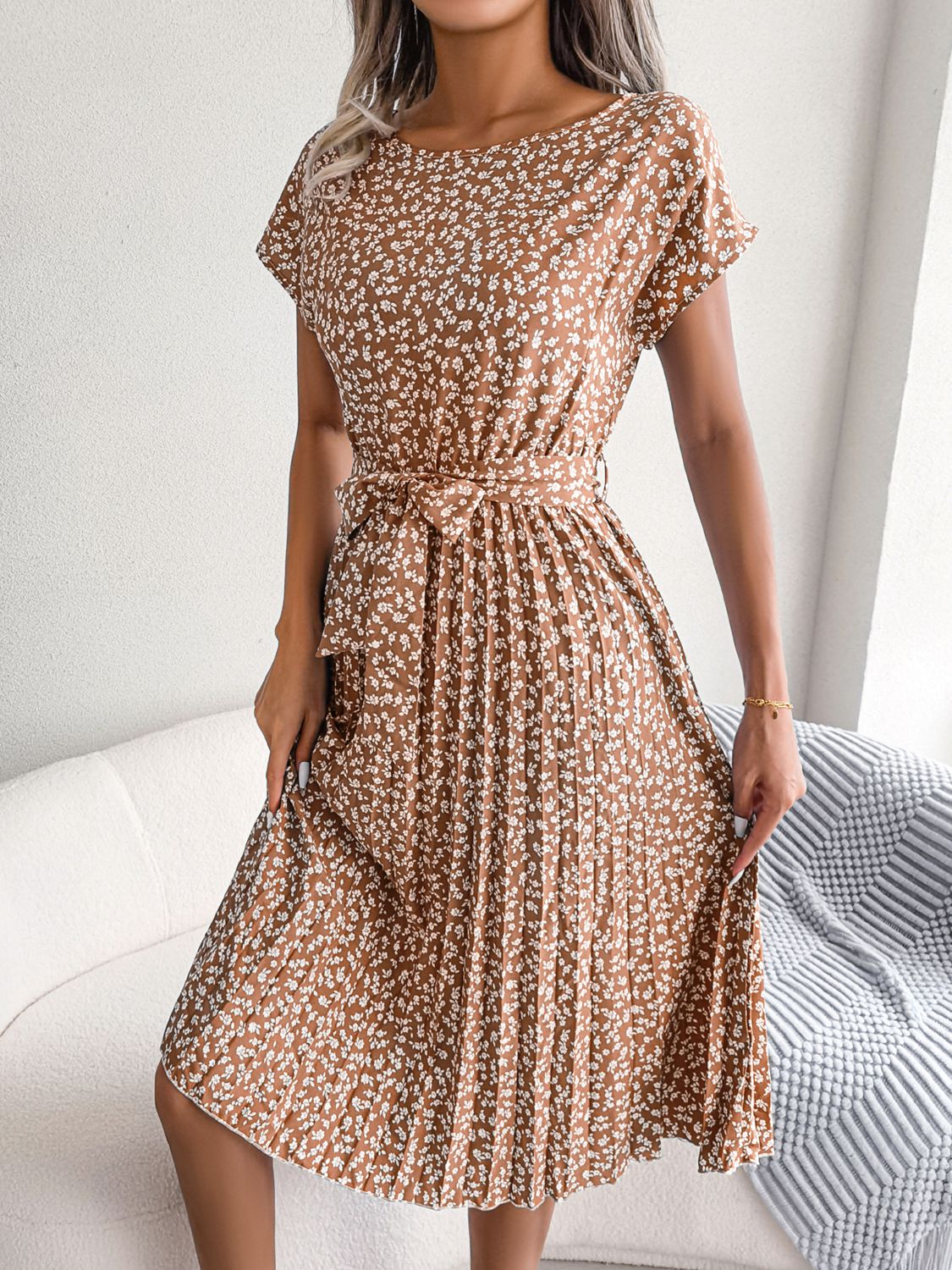 Ditsy floral pleated belted dress in camel brown with short flutter sleeves