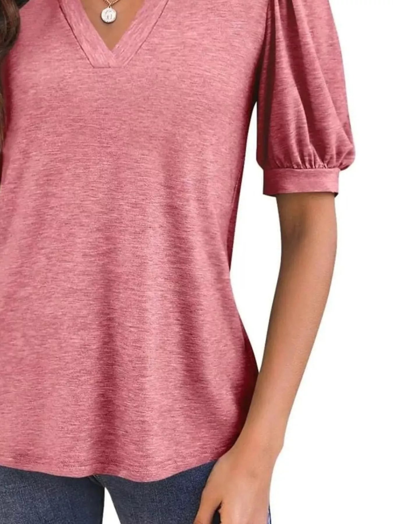 Cedar & Moore Puff Sleeve Notched Casual T-Shirt, Trendsi rose pink knit with V-neck and cuffed puff sleeves