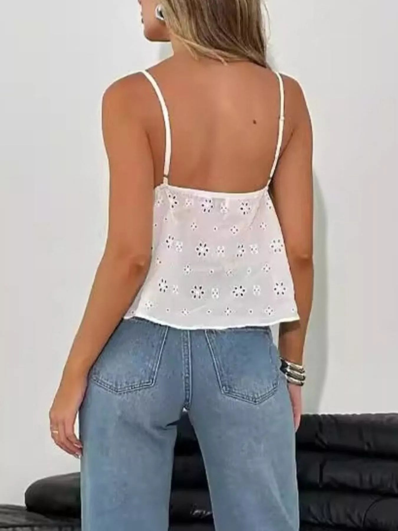Cedar & Moore Eyelet Lace Trim Cami, white, nonstretch spaghetti-strap top (back view)