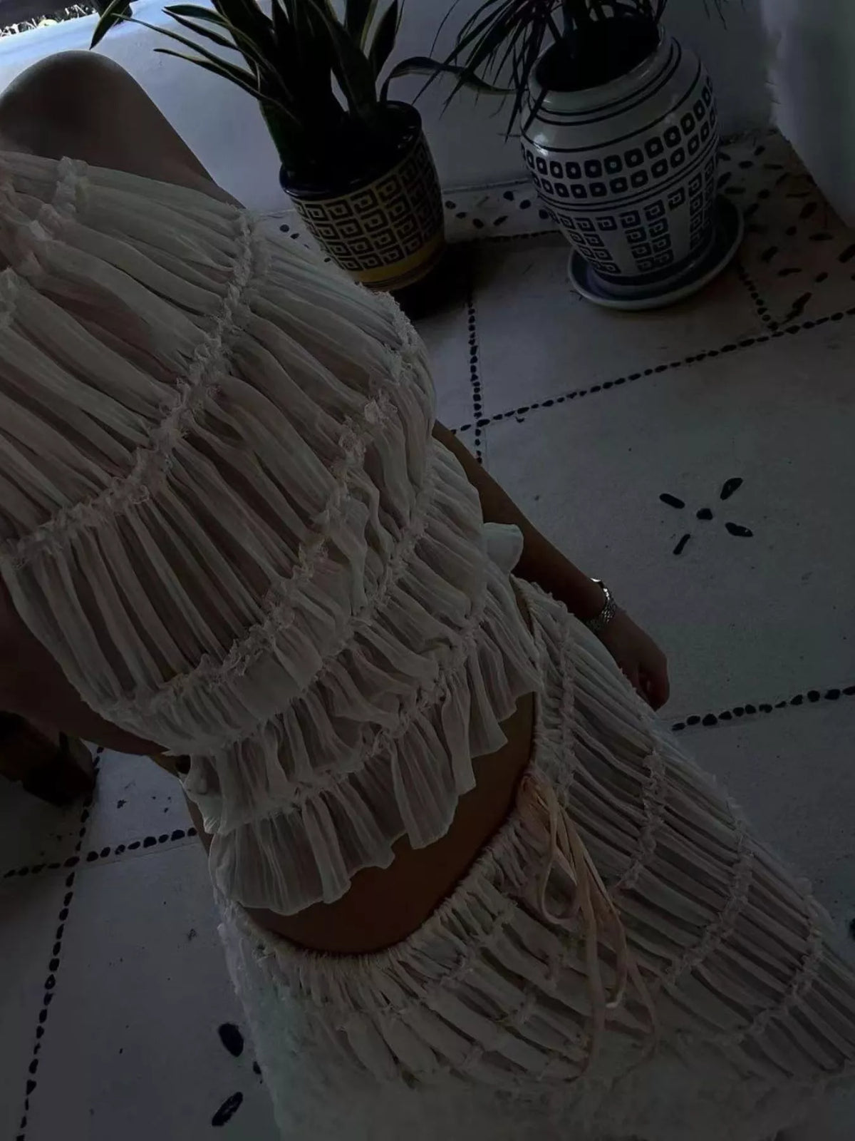 Milky white tiered ruffle maxi skirt with matching halter crop top