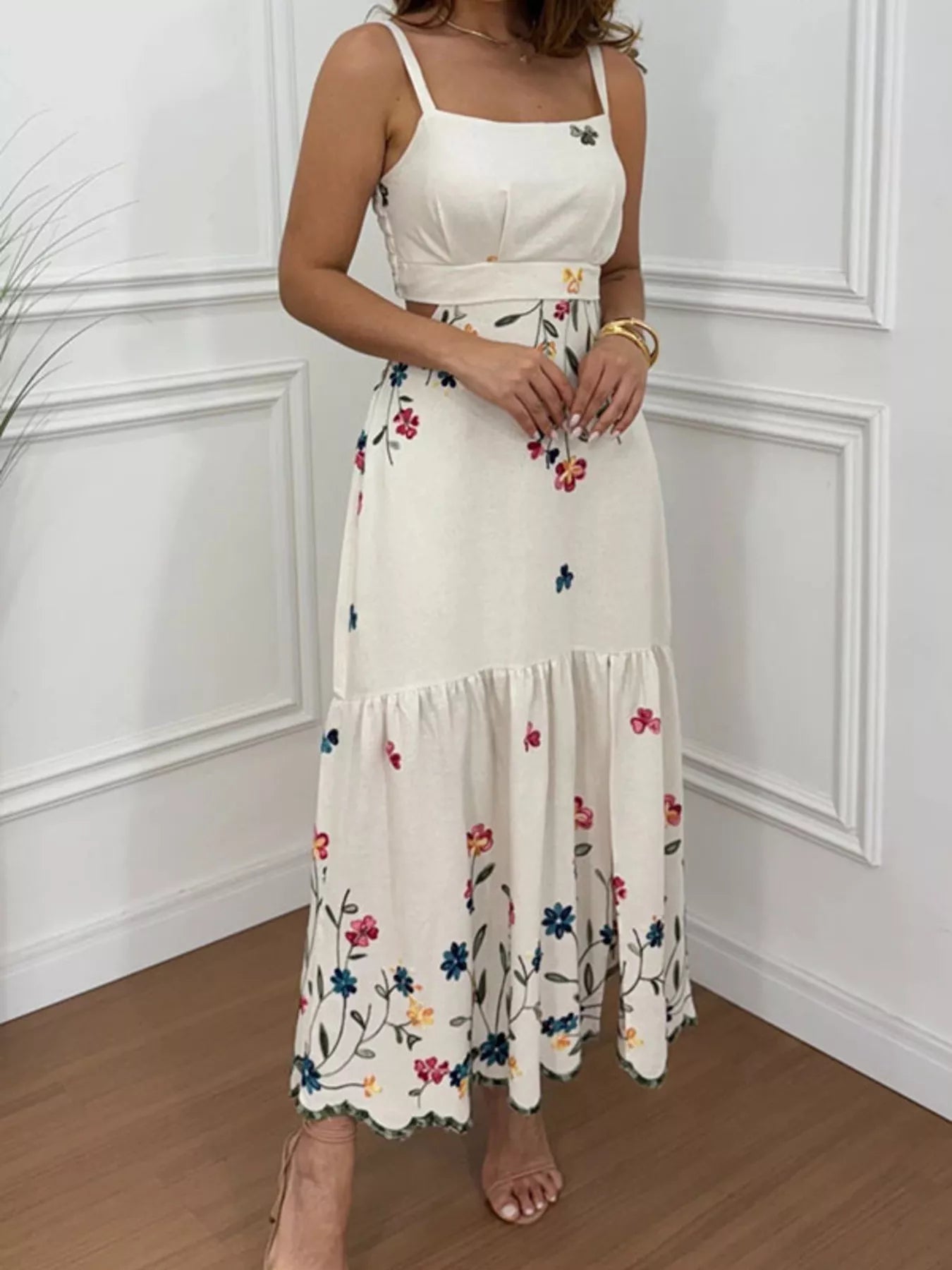 Cedar & Moore Floral Print Midi Dress with spaghetti straps, white base, colorful flowers, ruched waist, tiered hem