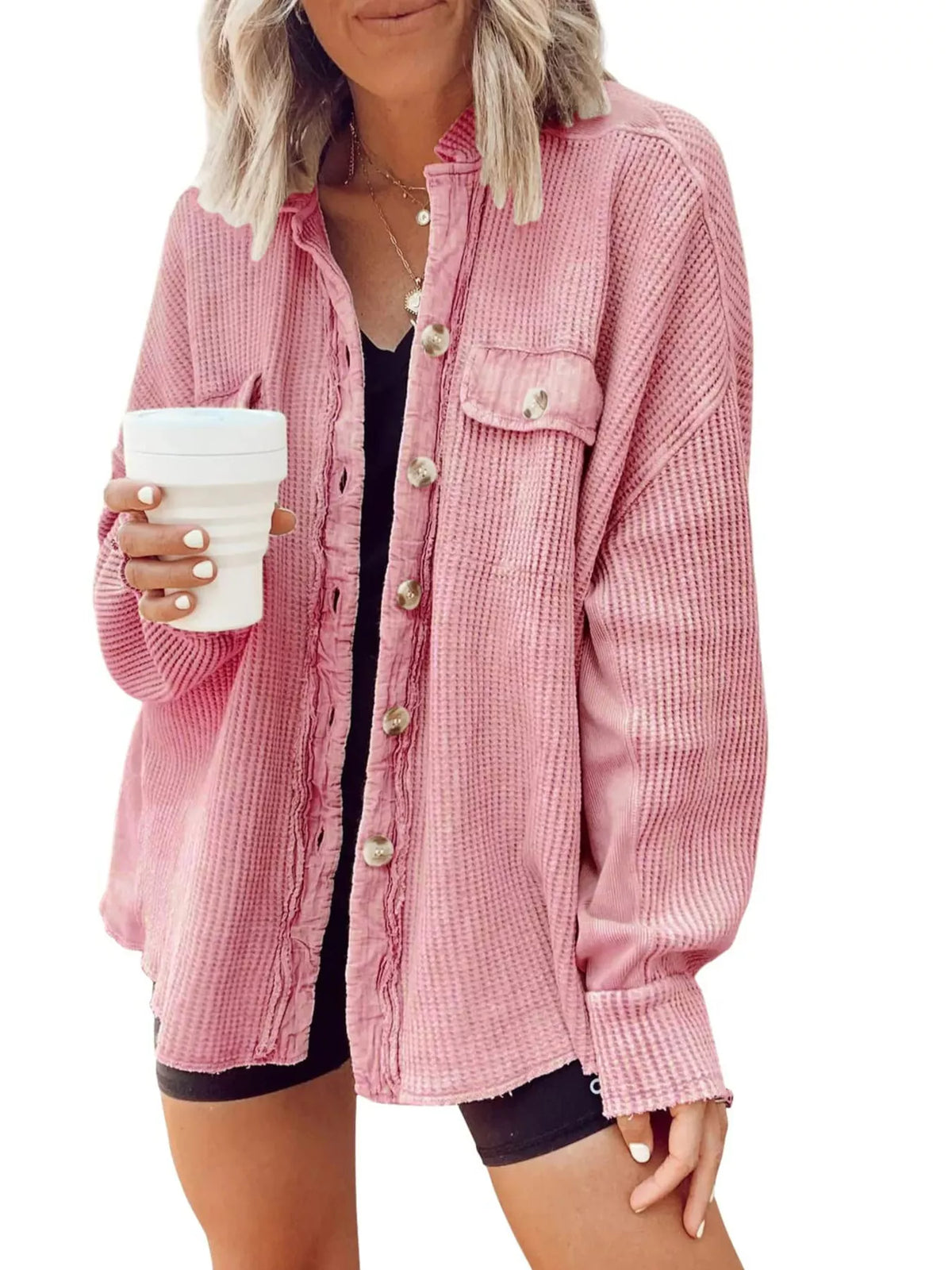 Pink waffle-knit button-up jacket with chest pocket and front snap buttons