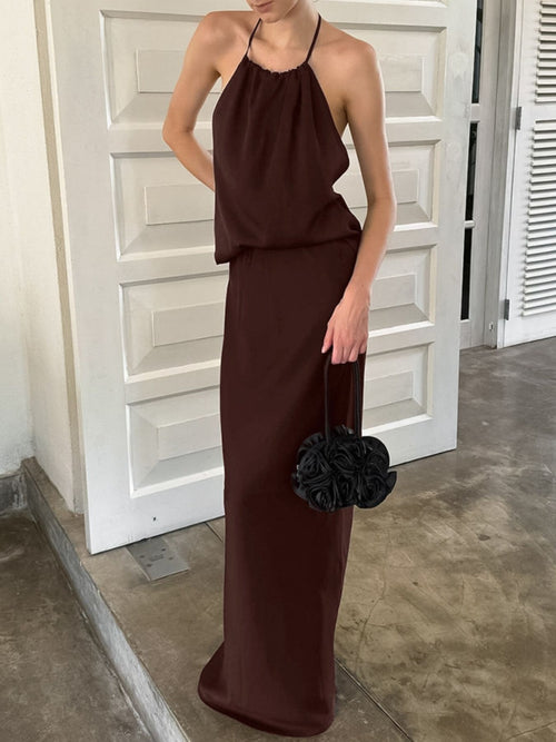 Dark brown backless halter maxi dress with ruched bodice and thin straps