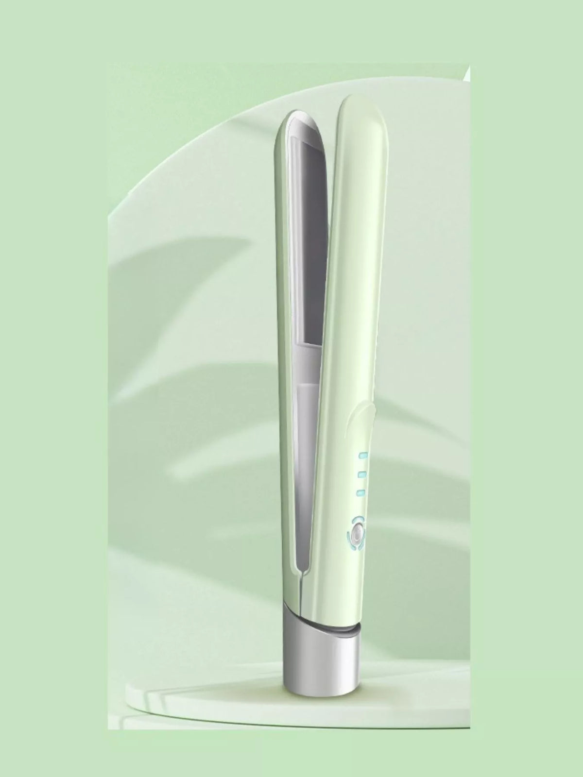 Portable cordless 2-in-1 hair straightener, light green body with straightening plates