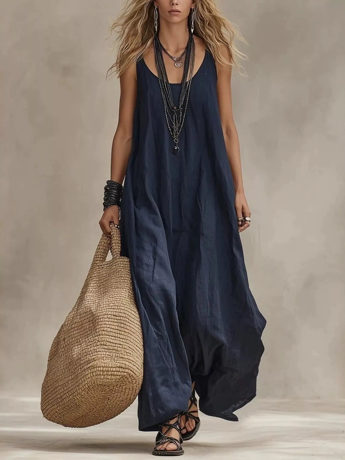 Dark blue sleeveless scoop-neck maxi dress with loose, flowing silhouette
