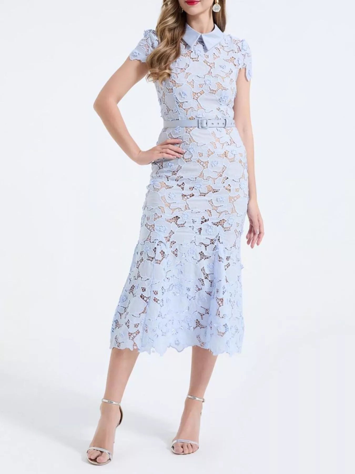 Cedar & Moore Floral Lace Short Sleeve Midi Dress in light blue with belt and zipper